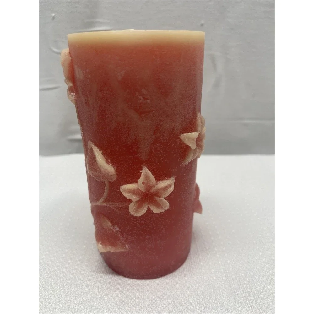 Vintage 6.5 x 3.5 Pink Yellow Raised Flowers Wax Pillar Candle Gift Unscented